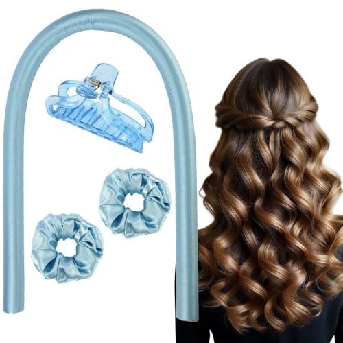 Bandeau à friser sans chaleur, à faire soi-même, sans chaleur, sans boucles de chaleur, ruban de soie, bandeau doux pour le sommeil, bigoudis ondulés pour cheveux longs et moyens (bleu)