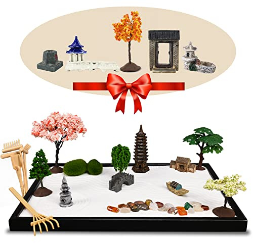 14 x 10 Large Japanese Zen Garden Kit for Desk – Includes 25+ Accessories: Sand Tray, Rake, Trees, Incense Burner, Bridge, Well, Door – Calming Decor Gift for Women, Mindfulness & Stress Relief