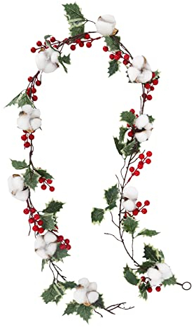 170cm Beerengirlande Stechpalme Deko, Girlanden Weihnachten mit Beeren Baumwoll und grünen Blättern, Künstliche Rote Beerengirlande für Urlaub, Kamin, Treppe, Tischdekoration