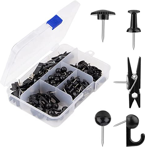Push Pins Set, 5 Styles Thumb Tacks Map Pins, Steel Point Pushpins Thumbtacks for Cork Board Bulletin Boards (Black-140pcs)