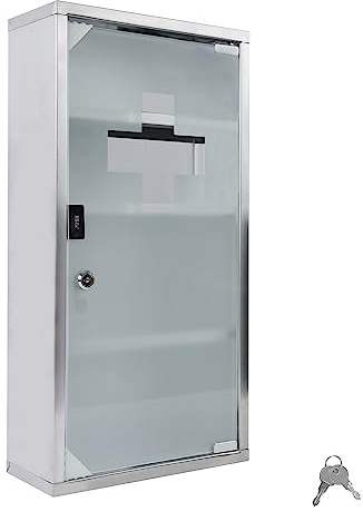 LARS360 Medizinschrank, Rostfreier Arzneischrank für Medikamenten Aufbewahrung & Verbandskasten, Abschließbar Medikamentenschrank mit Tür aus Gehärtetem Glas, 30 x 12 x 57,5cm (4 Regalen)