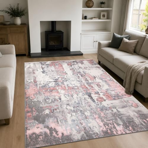 renoazul® Washable Turkish Style Jute Backed Mat, 200 x 290 cm, 6 ft 7 in x 9 ft 6 in, Abstract Pink, Turkish Unique Large Rugs for Living Room, Dining and Kids Room