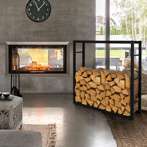ML-Design Estanteria Metálica para Leña 100 x 100 x 25 cm Soporte Organizador de Madera para Interior o Exterior, Leñero Negro Moderno Junto a Chimenea/Fogata Estructura de Acero para Apilar Troncos