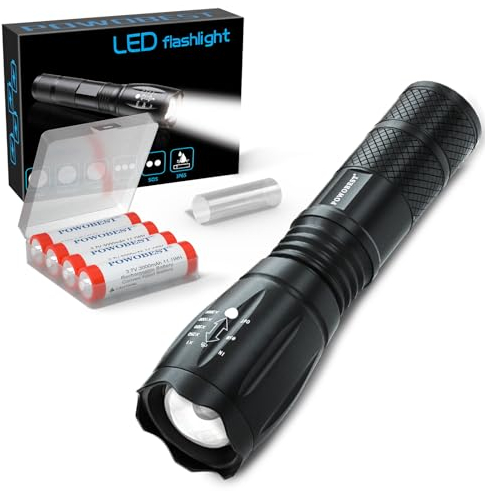 LED Torch Super Bright with 4pcs 3000MAH Battery,High Lumens Adjustable Focus Hand Flashlight,5 Modes,Long Battery Life,Waterproof Pocket Size Torch for Power Cuts,Emergency,Camping,Hiking,Outdoor