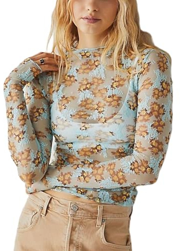 Caziffer Women's Lace Layering Top Long Sleeve Sheer Mesh Mock Neck Undershirt Y2K Lace Floral Tops See Through Shirt Blouse (Colorful Sky Blue, S)