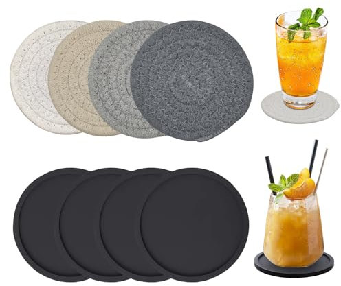 8Pcs Cotton Woven Drink Coasters, Silicone Round Mugs Coasters, Washable Absorbent Braided Coaster, Heat-Resistant Woven Beverage Mat, Non Slip Rubber Coffee Cup Coasters for Beer Table Bottle