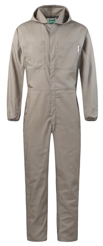 Yukirtiq Men's Lightweight Hooded Overall Hard Wearing Solid Color Mechanics Boiler Suit Workwear Hooded Boilersuit Coverall, Khaki, M