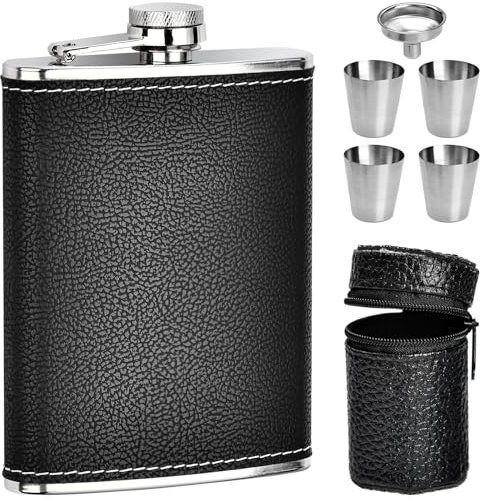 Fiaschetta Portatile 8Oz/227ML Fiaschetta in Acciaio Inox Fiaschetta Portatile Metallo Acciaio con Imbuto 4 Tazze Ottimo per Escursioni Campeggio Trasporto di Alcolici Regalo di Natale (Nero)