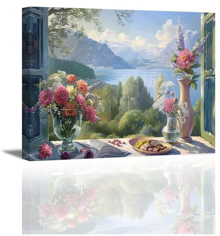 PIY PAINTING Stampa su tela Finestre e paesaggi in legno, Quadri Moderni Dipinti di fiori, Quadro su Tela per Soggiorno Bagno Toilette Ufficio Ristorante, 40x30 CM, Telaio Interno in Legno 40x30 cm