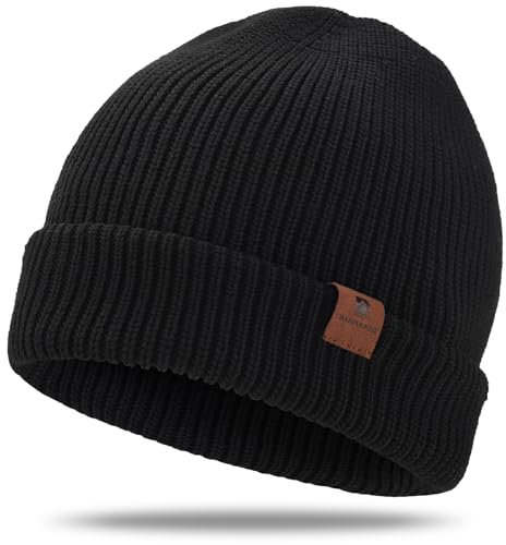 BARFULKER Beanie Mütze Damen Herren, Winter Warm Strickmütze Wintermützen Thermo Laufmützen Dehnbare Weiche Wollmütze mit Bündchen und Dickem Warmem Futter Geschenk Unisex,Schwarz