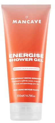 ManCave Energise Mens Shower Gel, 200 ml, Body Wash, Natural Ingredients, Vegan, Eco-Conscious and Cruelty-Free, Invigorating Shower Gel for Men with Bergamot, Musk, Sandalwood, Body Wash for Men