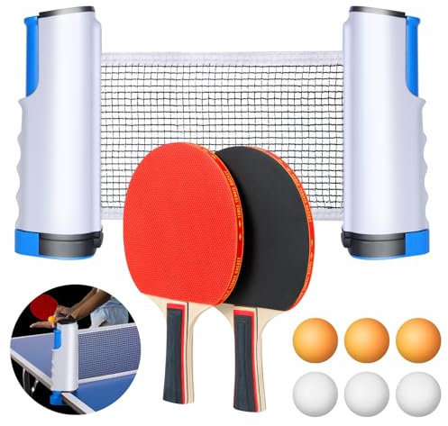 flintronic Tischtennisschläger Set, 2 Tischtennisschläger + 1 Einziehbarem Netz + 6 Tischtennis-Bälle + 1 Tragetasche, Tischtennisschläger Set für Anfänger und Fortgeschrittene,Familien und Profis