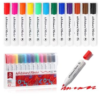 Vinabo 12PCS Feutre Tableau Blanc Effacable, Feutres Effaçables a Sec à Pointe Medium Fine pour Tableau Blanc, Marqueur Craie Effacable - Couleurs Assorties