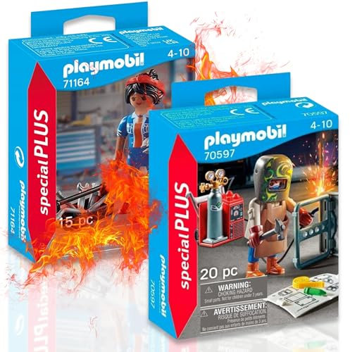 PLAYMOBIL Werkstatt-Action Schweißer mit Ausrüstung (70597) und die Mechanikerin (71164) Sorgen gemeinsam für spannende Abenteuer und technikbegeisterten Spielspaß!