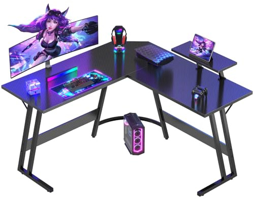 Devoko Bureau Gaming d'angle 120 x 120cm avec Support d'écran, Table Informatique en Coin,Bureau Gamer en Forme de L Table pour Etudier, Jouer et Travailler Carbon Noir