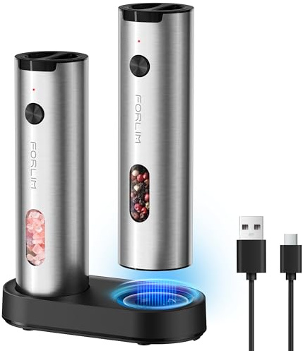 FORLIM Electric Salt and Pepper Grinder Set Rechargeable, Auto Salt and Pepper Grinder set with Charging Base, Adjustable Coarseness, LED Light, Automatic Salt Grinder Refillable,Pepper Shakers Set
