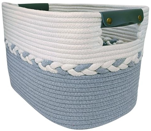 Aeknor Storage Basket for Shelves, Woven Basket for Towels, Toys and Blankets. Decorative Cotton Rope Organiser for Cupboard Storage, Books and Laundry with matching handles, 1-Pack (Grey).