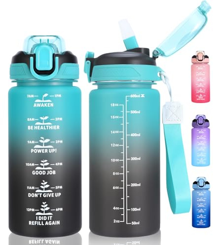 SUPPRUI Kids Water Bottle With Straw, 600ml Children Drinks for School, Leakproof BPA-Free Tritan Motivational Drink Bottles for Girls Boys(Cyan Black)