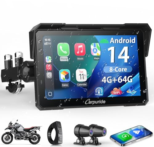 Carpuride W702 Plus Android 14 Motocicleta Carplay Pantalla con Doble Cámara, CarPlay y Android Auto Inalámbricos,7 Pantalla Táctil Impermeable, Audio BT,Grabación Bucle, Navegación Online y Offline.