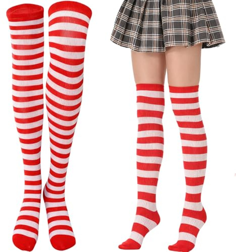 YAZWUR 2 paires Rouge-Blanc Chaussettes au Genou Longues Rayées, Halloween Socken, Chaussette à Paillettes, Chaussettes Hautes à Rayures Bas Rayés pour Femmes