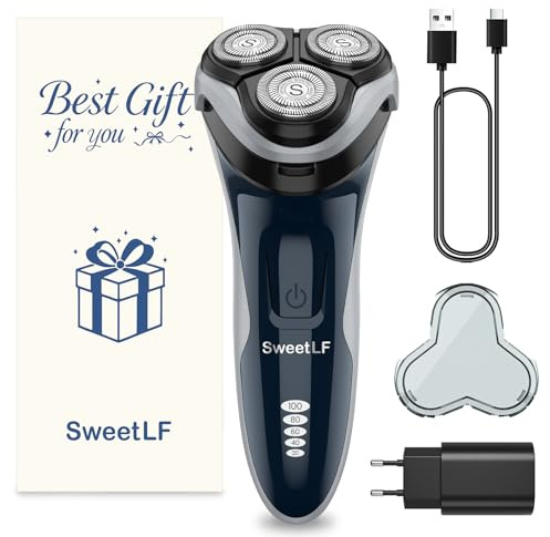 SweetLF Rasoio Elettrico Uomo,Regolabarba con Testine Rotanti 4D, Rasoio Ricaricabile Wet & Dry con Display LED, Rasatura Impermeabile IPX7 Blu Navy (Confezione regalo Blue Razor)