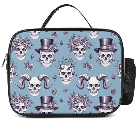 MEIKKO Skull Roses Horns Hat Lunch Box Insulated Lunch Bag for Men & Women Durable Lunchbox for Work with Water Bottle Holder