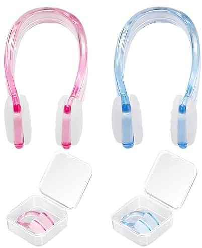 EKKONG Pince-Nez de Natation, 2 Pièces Pince-Nez en c avec Boîte de Rangement, Anti-Glisse, Étanche, pour Adultes et Enfants, Natation, Plongée Libre, Débutants (Bleu, Rose)