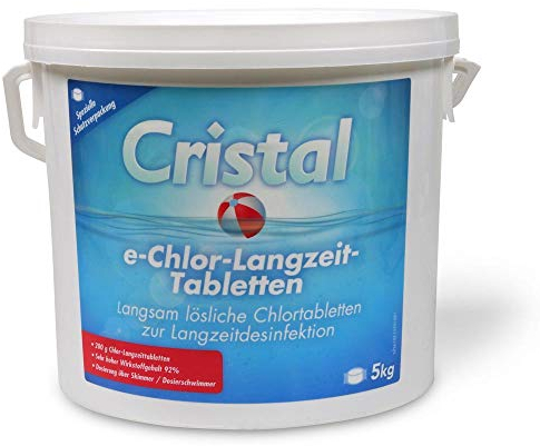 Cristal e-Chlor Langzeit-Tabletten 5 kg - 200 g Chlortabletten - Langzeitdesinfektion - Pools ab 20.000 l - Langsam löslich - Hoher Aktivchlorgehalt