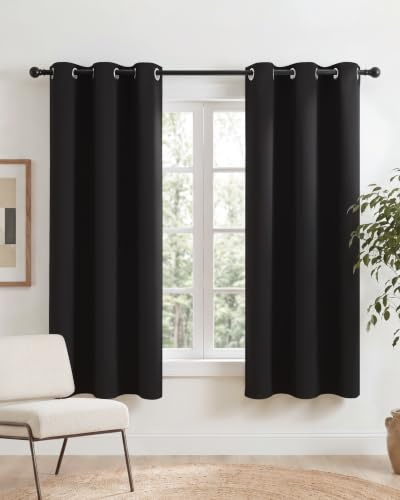 PONY DANCE Mörkläggningsgardiner – svart gardin med solid väv, värme- och ljudisoleringsgardin, för hem, sovrum, kök, B 106 x H 158 cm, svart, par