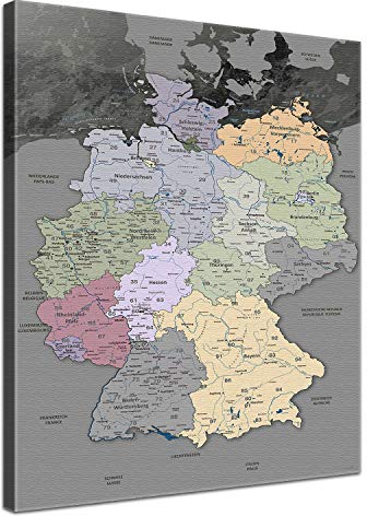 LANA KK - Premium Pinnwand Deutschlandkarte - Edelgrau - Deutsch - in 70 x 100 cm, stabile Rückwand zum Pinnen inkl. Starterkit - Leinwand-Kunstdruck Wandbild Landkarte XXL
