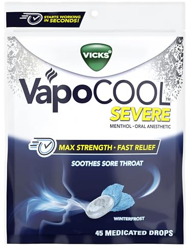 Vicks VapoCool Severe Medicated Sore Throat Drops, Max Strength Menthol, Soothes Sore Throat Pain, Winterfrost Flavor, 45ct