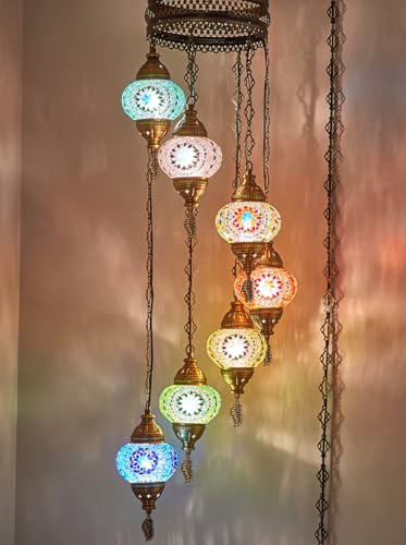 DEMMEX 7 Globes Swag-plugg i turkisk marockansk mosaik bohemisk Tiffany tak hängande hängande lampa armatur lampa ljuskrona belysning med 15 fot sladdkedja och kontakt, 130 cm höjd (flerfärgad1)