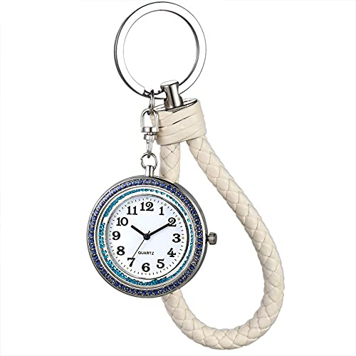 JewelryWe Montre Infirmière - Surface des Chiffres Arabes & Boîtier Entièrement en Diamant & Montre d'infirmière en Cuir pour Boucle de Sac à Dos de Porte-clés de Cordon (Argent)