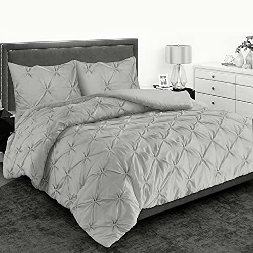 MH Home Pintuck King Size Duvet Cover Set - 200 Thread Count 100% Egyptian Cotton Pinch Pleated Quilt Bedding Covers Set (Silver, King)