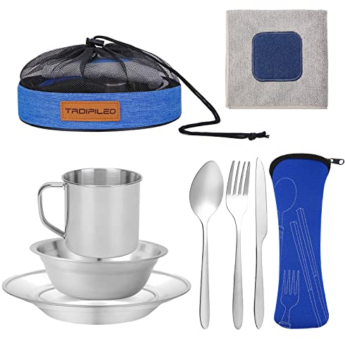 Stainless Steel Camping Cutlery Set, 8 Piece - Includes Spoons, Mugs, Bowls, Plates, Rags & Organizer Straps - Easy to Carry for Backpacking, Camping, Hiking and Picnics (Blue)
