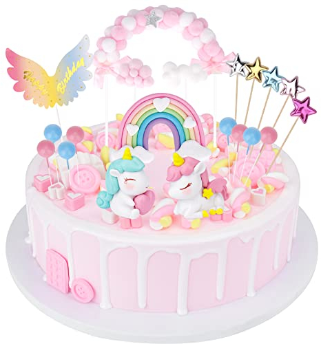 Catelves 20 Stück Einhorn Tortendeko Einhorn Kuchendeko Mädchen, Regenbogen Tortendeko Mädchen, Torte Einhorn Deko für Kinder, Happy Birthday Cake Topper mit Stern