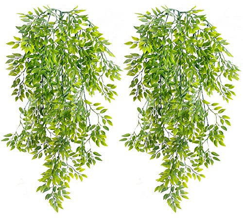 TUAKIMCE 2 Pack Artificial Hanging Plants, Plastic Fake Ferns Ivy Artificial Trailing Plant Decorative Greenery Fake Plants Indoors＆Outdoors, Faux Plant for Living Room, Bedroom, Balcony, Garden