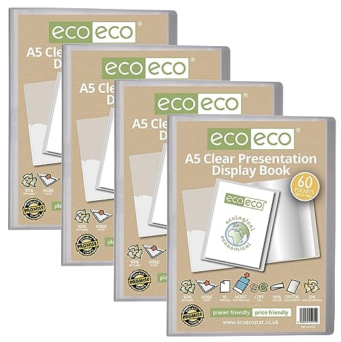 eco-eco A5 storlek 50 procent återvunnen 60 fickor klar presentationsbok, förvaringsfodral, portfölj, konstmapp med plastärmar, 4-pack, eco131 x 4