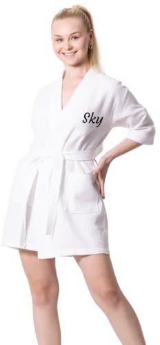 TOWELNROBE Women's Short Cotton Bathrobes - Waffle Square Weave - Lightweight & Comfortable - Absorbant & Breathable - Quick Dry & Soft (White, Small/Medium)