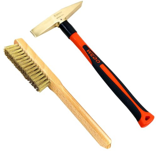 WEDO Welding Slag Removal Tool Set 2PCS,1PC 150g Brass Welding Chipping Hammer with Fiberglass Handle,11 Brass Wire Brush with Wooden Handle,Mufti Functional Scratch Brush,Scaling Hammer