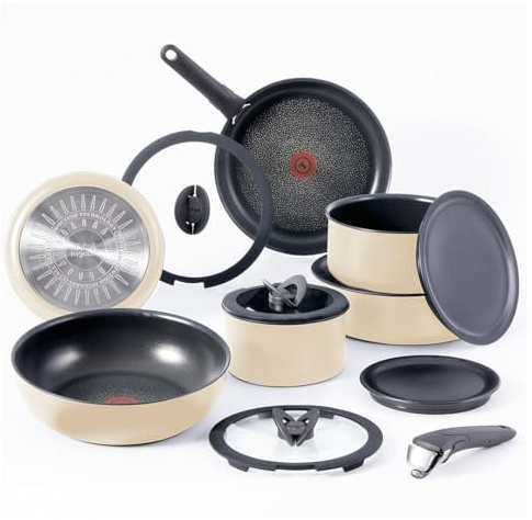T-fal Ingenio Expertise Non Stick Cookware Set 14 Piece, Induction, Oven Broiler Safe 500F, Stackable Cookware, Pots and Pans, RV, Camping, Fry Pans, Dishwasher Safe, Detachable Handle, French Vanilla