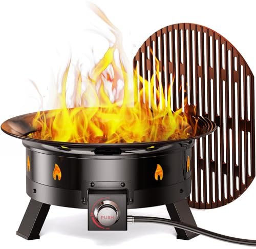 Ciays Large Propane Fire Pit 19 Inch, Gas Fire Pit with Grill Grate, Folding Legs, Hose Hooks, Propane Tank Holder, Cover & Carry Strap, Portable Outdoor Fire Pit for Camping, 58,000 BTU