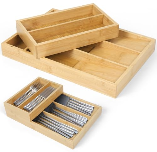 Dreamhigh® Portaposate da Cassetto in Bambù, Porta Posate Cucina Cassetto con 6 Scomparti, Regolabile Organizer Posate da Cassetto, per Contenere Cucchiai, Forchette - 30 x 21 x 6,8 cm