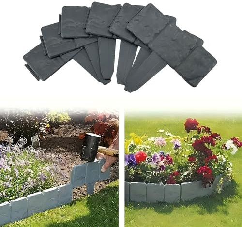 Beeteinfassung Rasenkante 20pcs, 5m Anthrazit Rasenkante Kunstoff in Steinoptik, Flexibler PP Beetumrandungen für Blumen, Gartenzaun decorativ, 1 Element (L x H): 25x 23cm (Anthrazit, 20Stück)