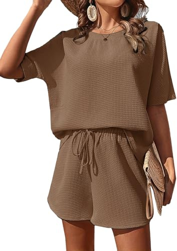 JFAN Completo Donna Estivo 2 Pezzi Maniche Corta con scollo rotondo e Pantaloncini Bermuda Vita Alta con Coulisse Elegante Tuta Casual Estiva Spiaggia,Marrone,S