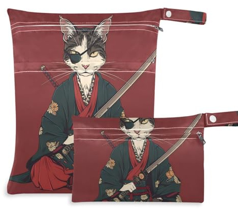 EtherSpher Süße japanische Katze, Samurai, wiederverwendbare Tasche zum Schwimmen, 2 Stück, Reiseutensilien für Baby mit Griffen für Pool, Baby-Windeln