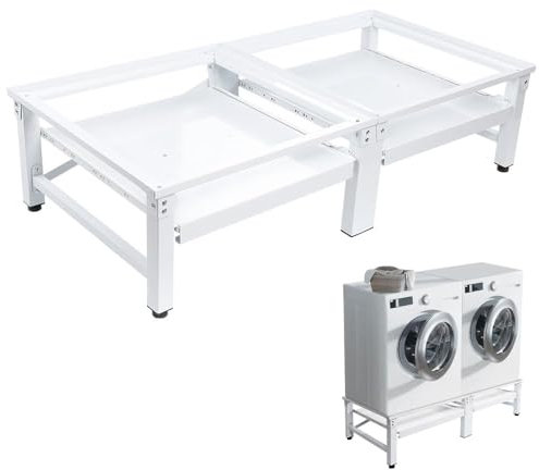 Waschmaschine Podest mit 2X Ausziehablagen, Stabiler Metall Doppel Untergestell (max. 300KG), 2-Fach Sockel Unterschrank Podest Erhöhung Unterbau für Trockner/Kühlschrank, 124(L) x 58(B) cm, Weiß