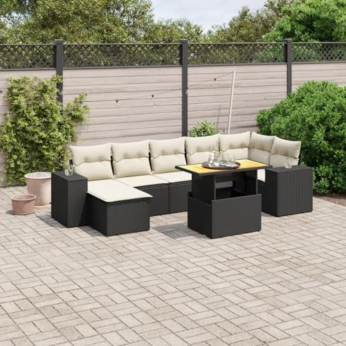 IKAYAA Muebles Jardín con Mesa Tablero Ajustable, Ratán y Acero, Sofa Jardin con Mesa, Conjunto Jardín, Juego de Sofás Ratán, Sofa para Terraza, Negro y Crema 8 pzas Type-30