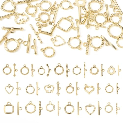 Golden Toggle Clasp T Bar Clasps 19 Sets Metal Heart Round Square Shaped Toggle Necklace Clasps Craftdady for DIY Necklace Bracelet Jewelry Making