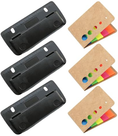 Lot de 3 Mini Perforatrice avec 3 Pièces Notes Autocollantes, Perforatrice de Poche avec Échelle 12 cm, Mini Perforatric-e de Poche pour L'école, Bureau, Maison (Noir)